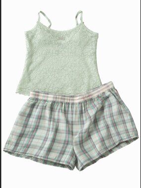 PINK Victoria’s Secret Mint Lace Cami Plaid Sleep Set Top L Shorts XXL